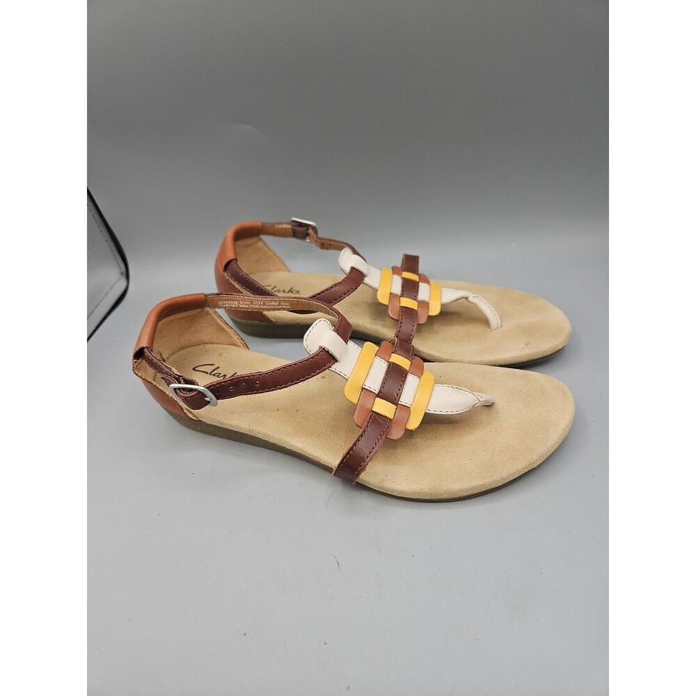 clarks womens sandals 8.5M Leather Upper Ankle Strap Brown Yellow White Qwin